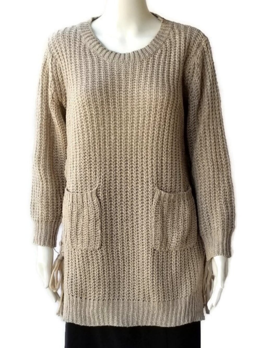 I Joah Sweater Lace Up Sides Scoop Neckline Pockets Beige Womens S/M